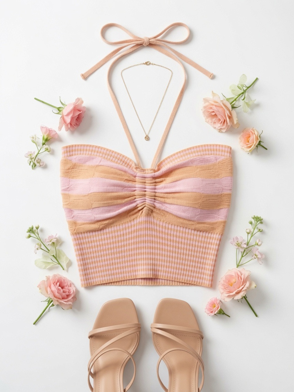Striped Pink & Peach Halter Crop Top